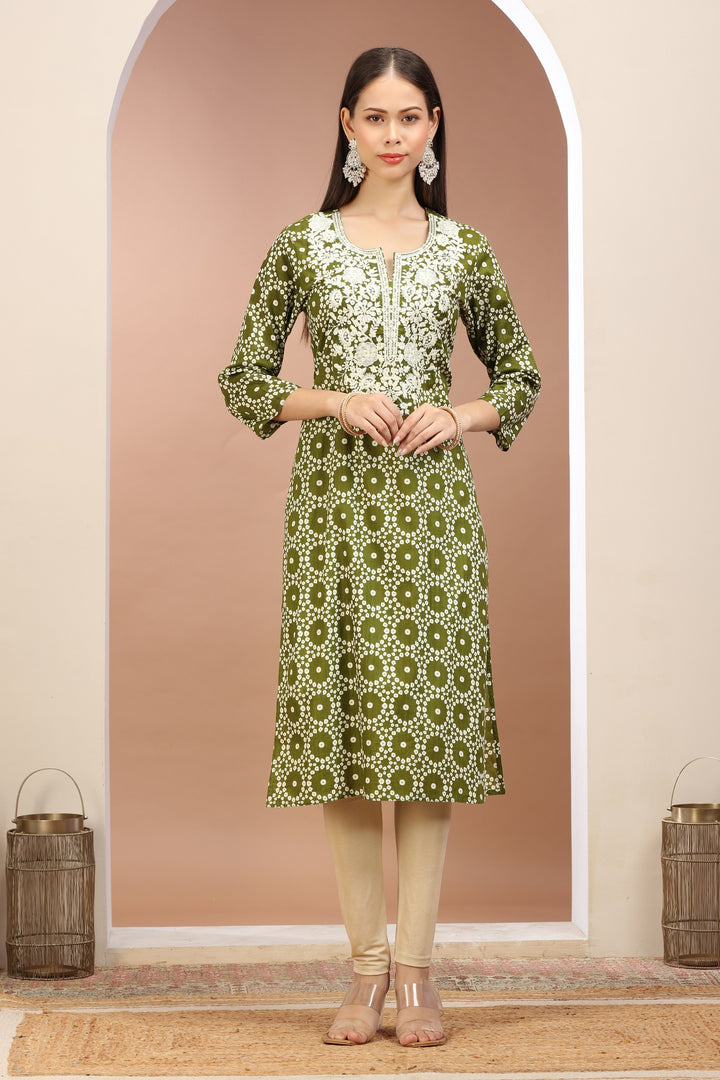 Mehndi Green Jaipuri Cotton Embroidered Straight Kurta