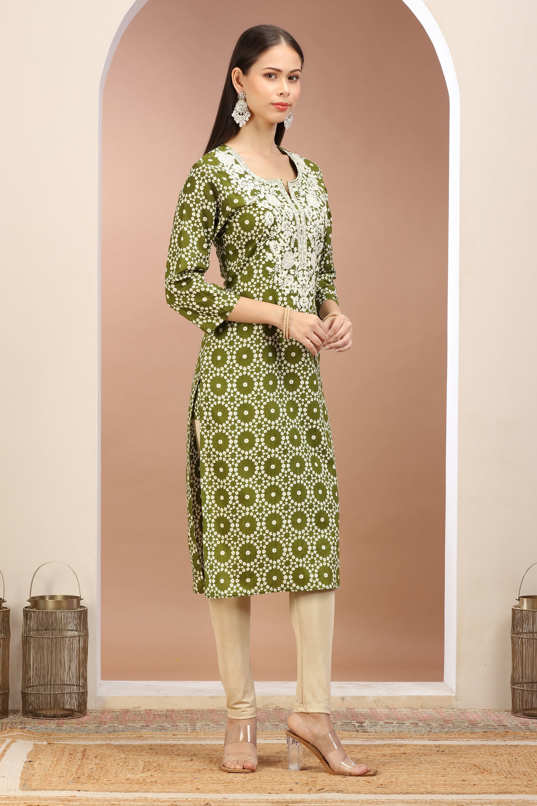 Mehndi Green Jaipuri Cotton Embroidered Straight Kurta