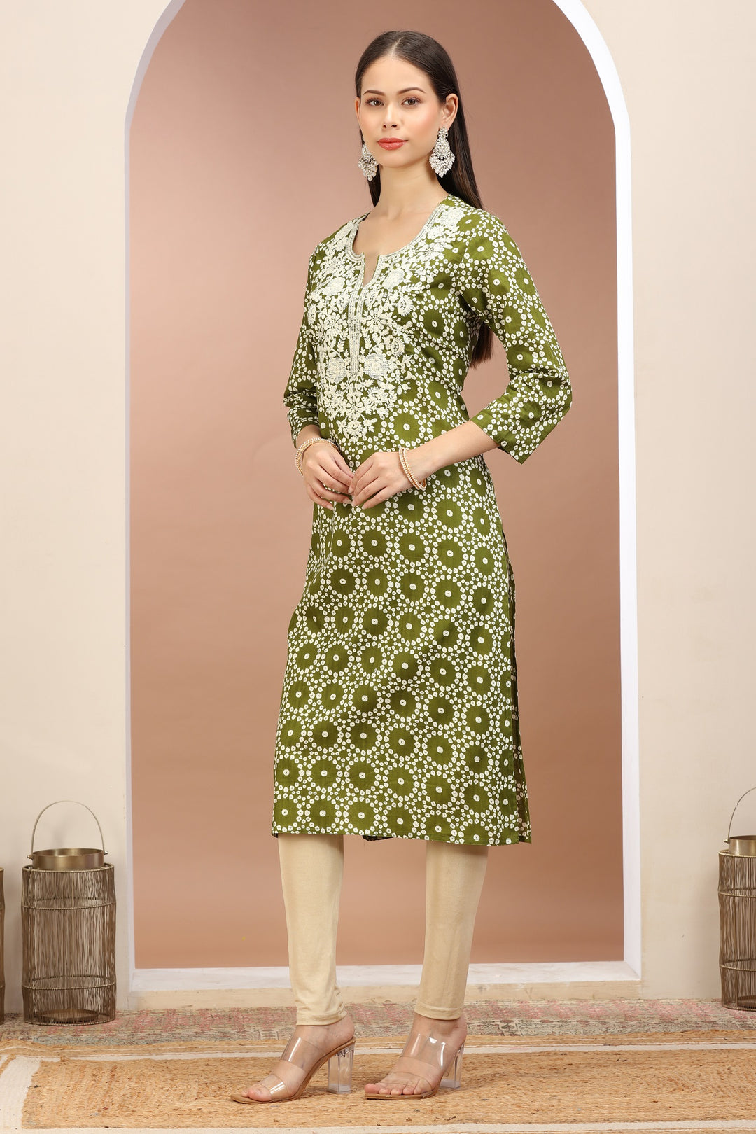 Mehndi Green Jaipuri Cotton Embroidered Straight Kurta for womens / girls