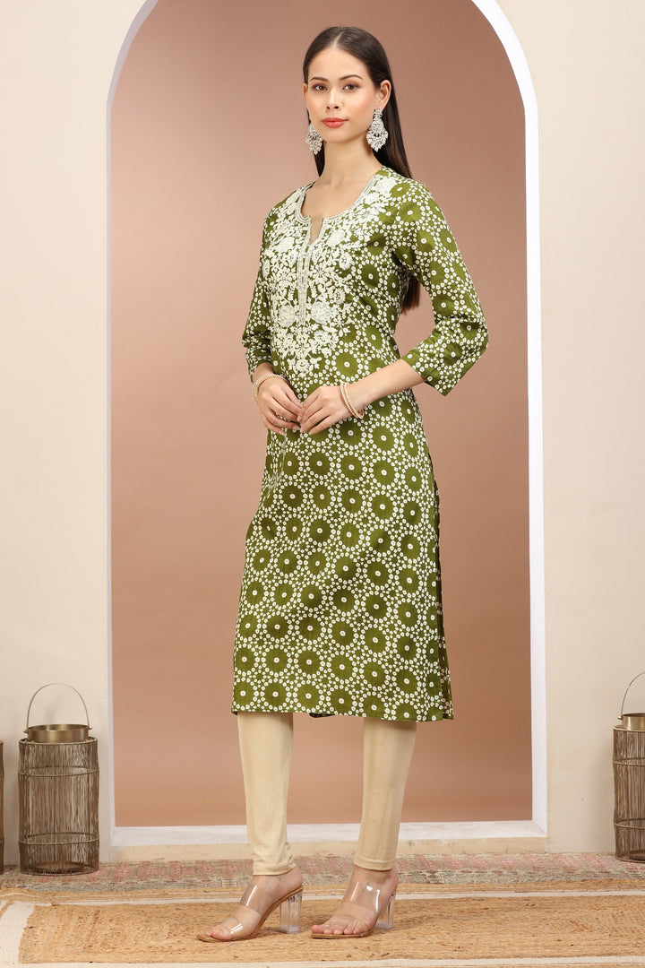 Mehndi Green Jaipuri Cotton Embroidered Straight Kurta