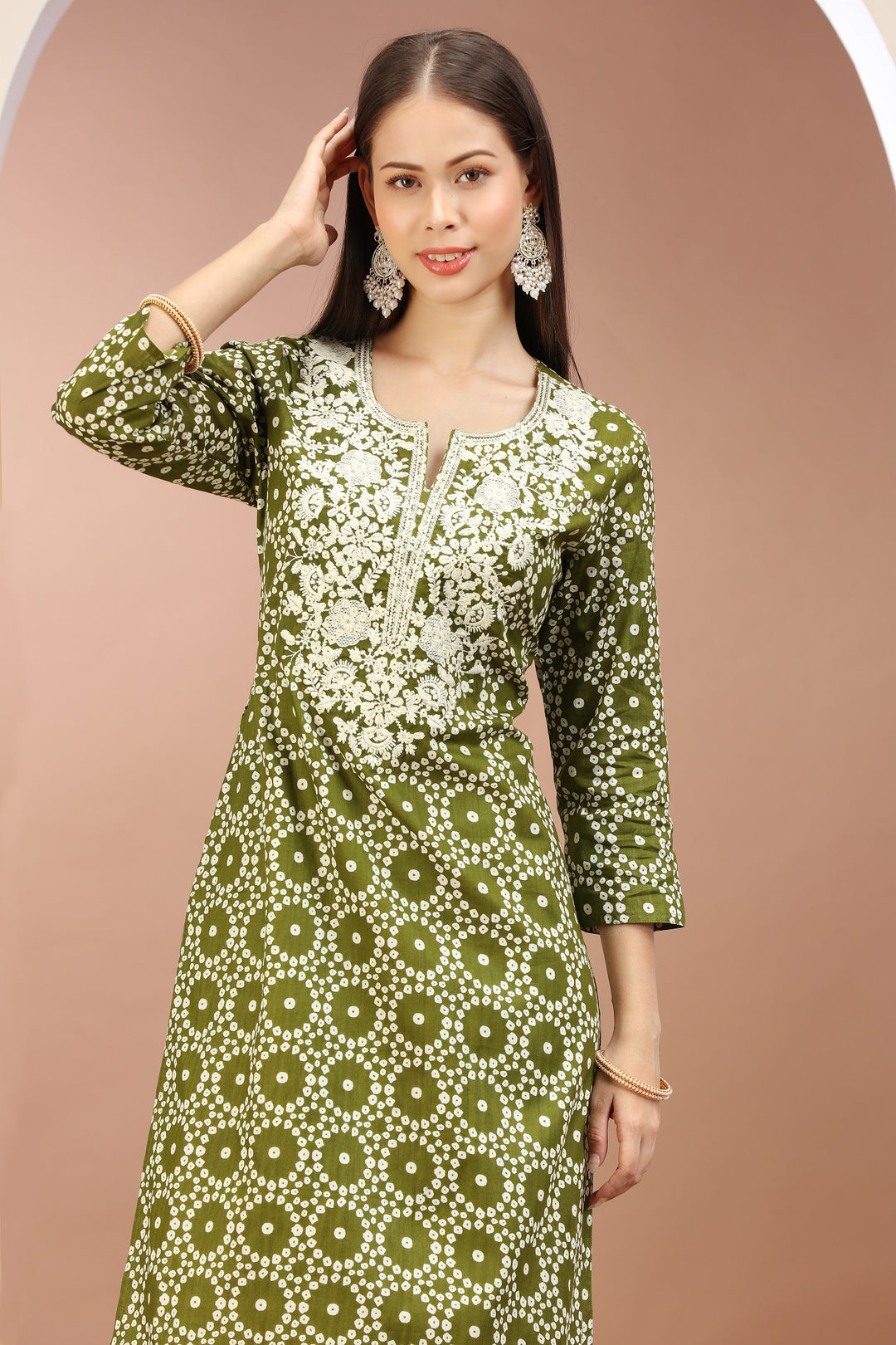 Mehndi Green Jaipuri Cotton Embroidered Straight Kurta for womens / girls