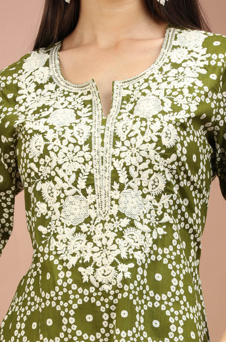 Mehndi Green Jaipuri Cotton Embroidered Straight Kurta for womens / girls