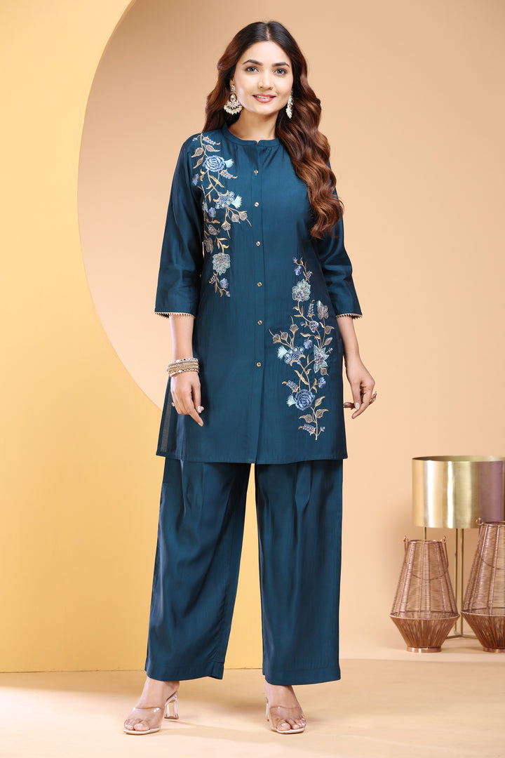 Teal PolySilk Straight Embroidered Kurta Pant Co ord Set