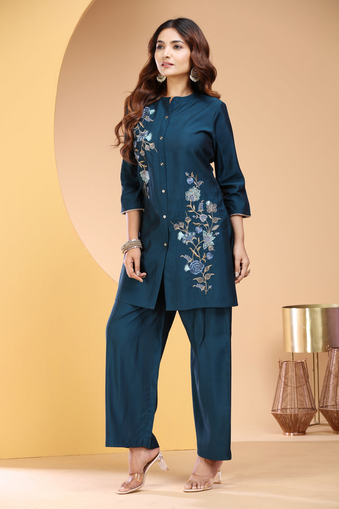 Teal PolySilk Straight Embroidered Kurta Pant Co ord Set