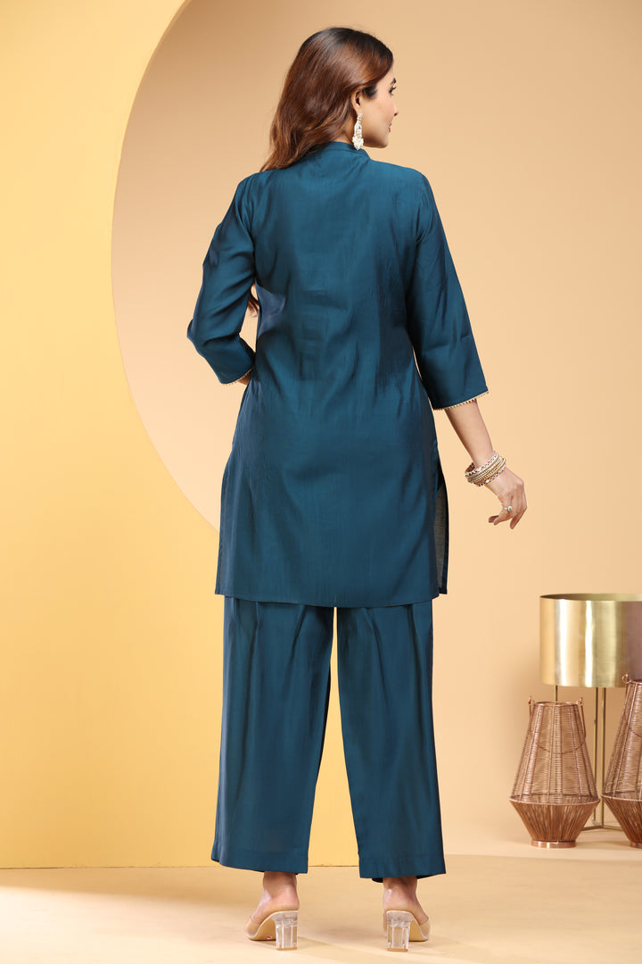 Teal PolySilk Straight Embroidered Kurta Pant Co ord Set