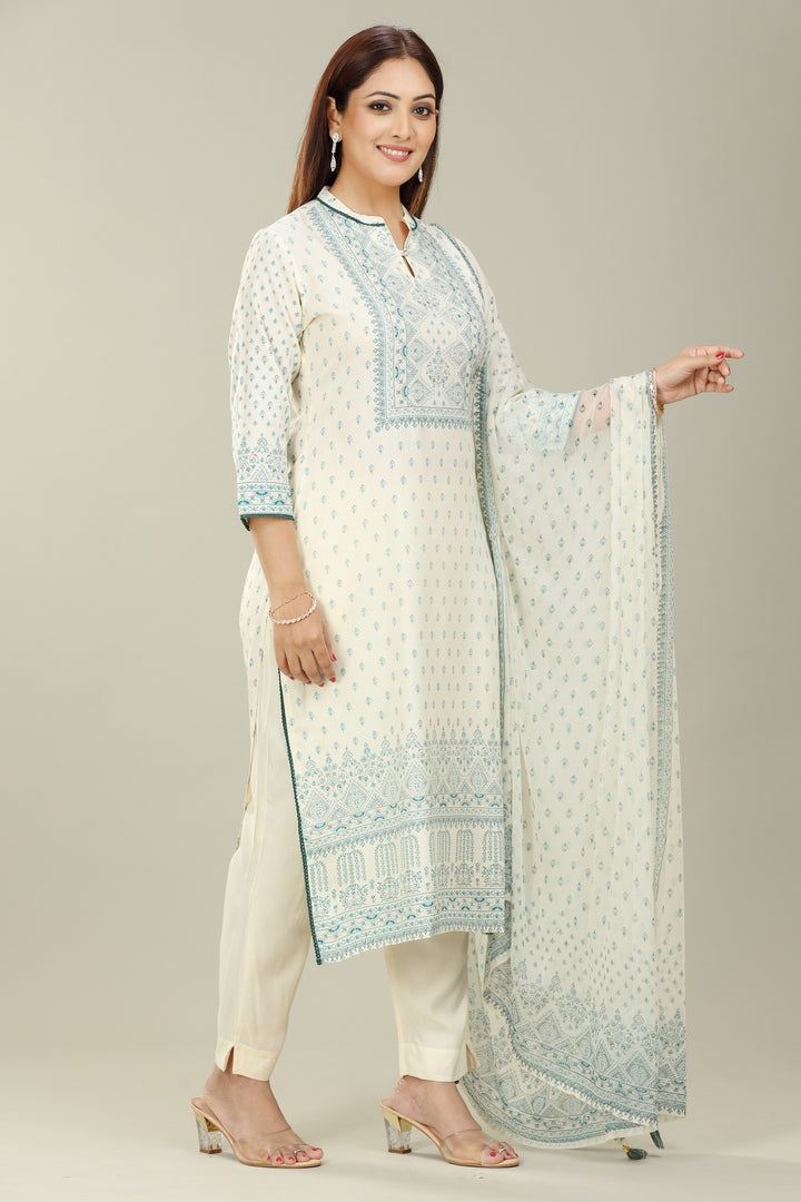 Cream Cotton Straight Kurta Pants Suit Set