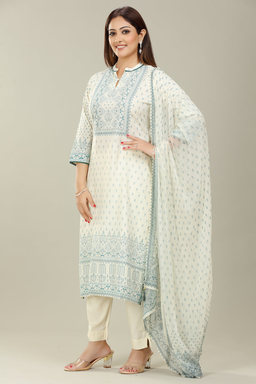 Cream Cotton Straight Kurta Pants Suit Set