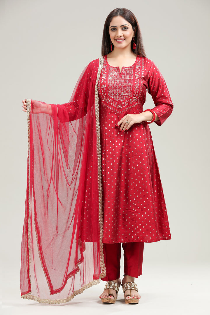 Red PolySilk A Line Embroidered Kurta Pant Suit Set