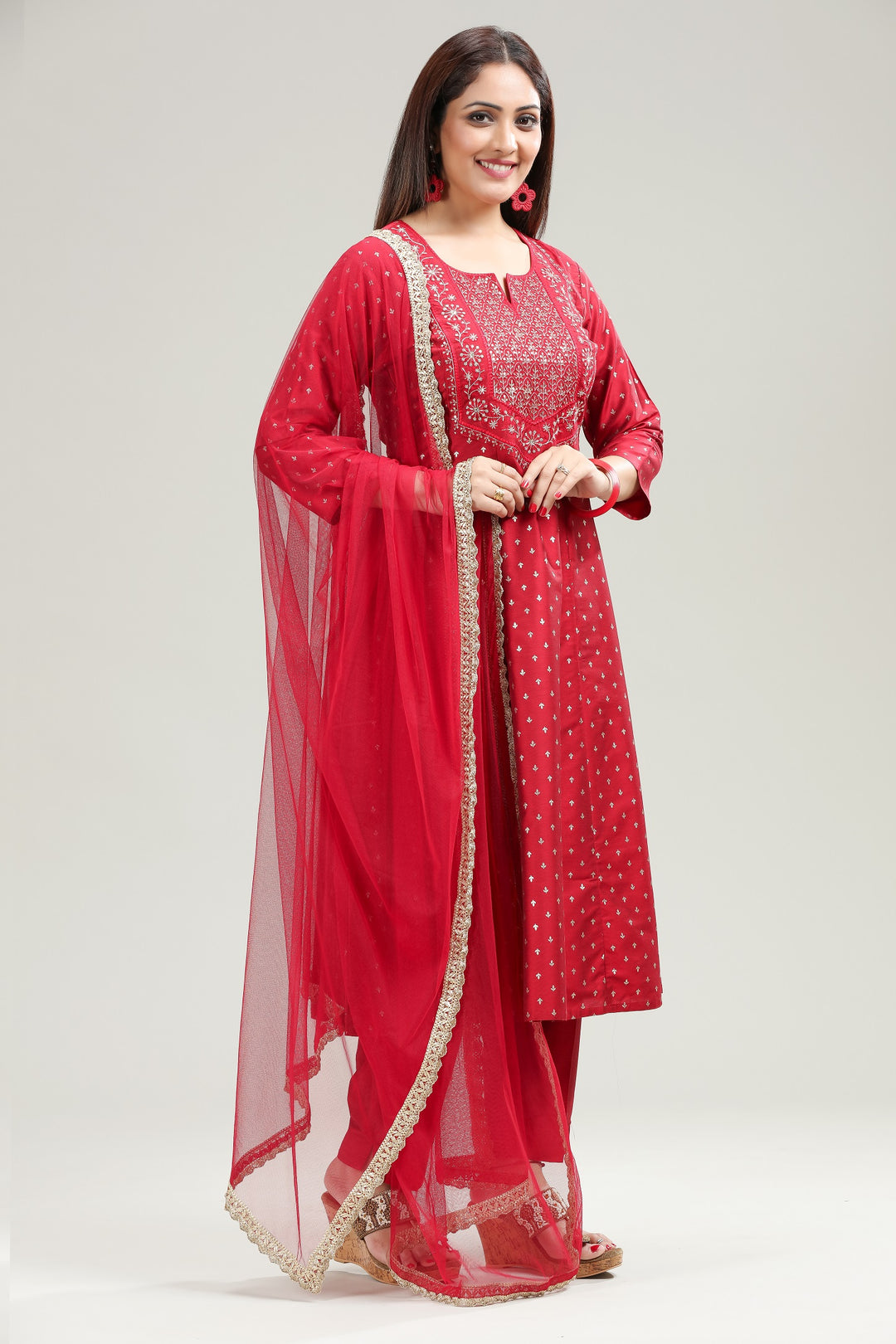 Red PolySilk A Line Embroidered Kurta Pant Suit Set