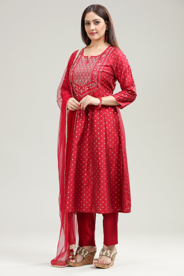 Red PolySilk A Line Embroidered Kurta Pant Suit Set