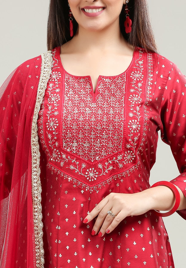 Red PolySilk A Line Embroidered Kurta Pant Suit Set