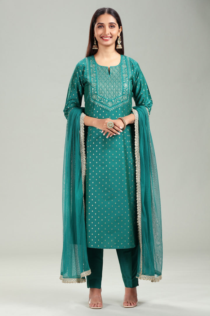 Teal PolySilk Straight Embroidered Kurta Pant Suit Set