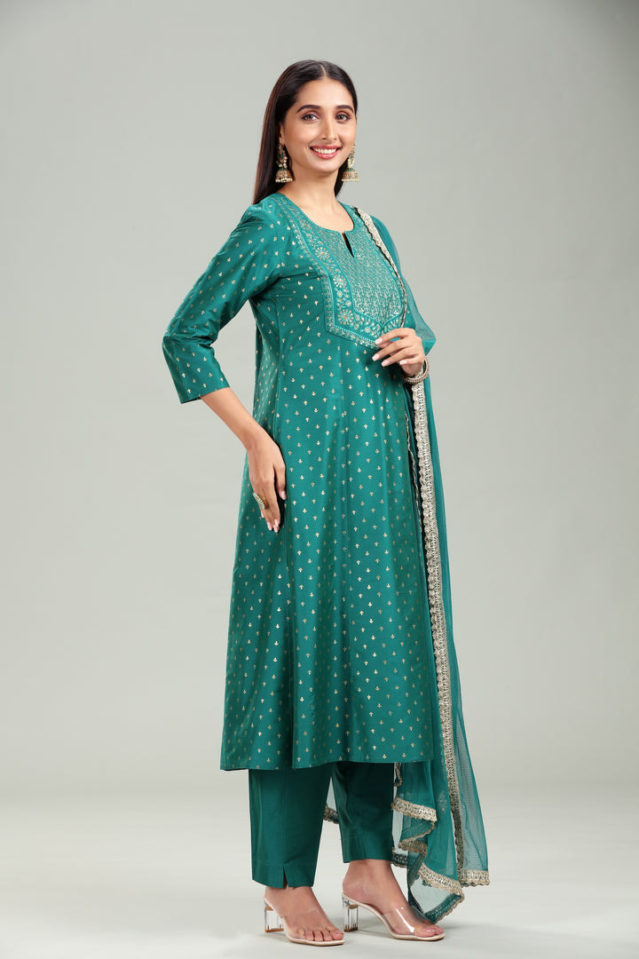 Teal PolySilk Straight Embroidered Kurta Pant Suit Set