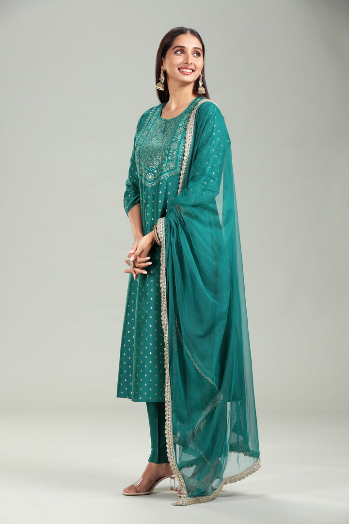 Teal PolySilk Straight Embroidered Kurta Pant Suit Set