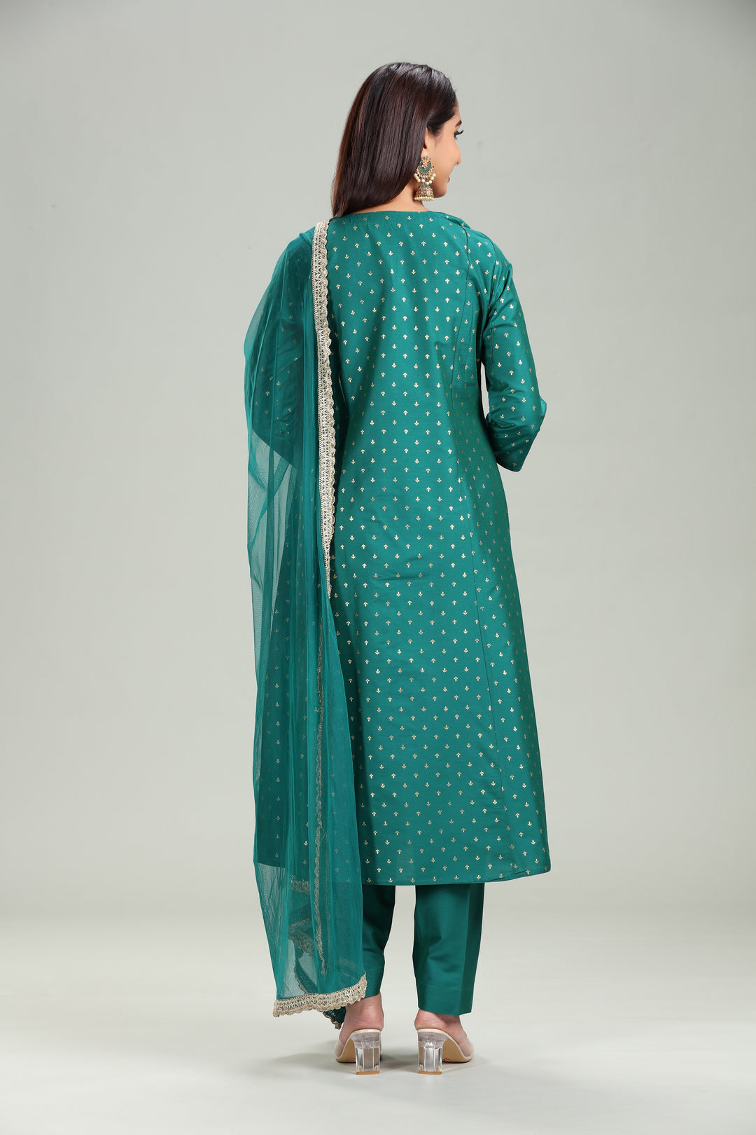 Teal PolySilk Straight Embroidered Kurta Pant Suit Set