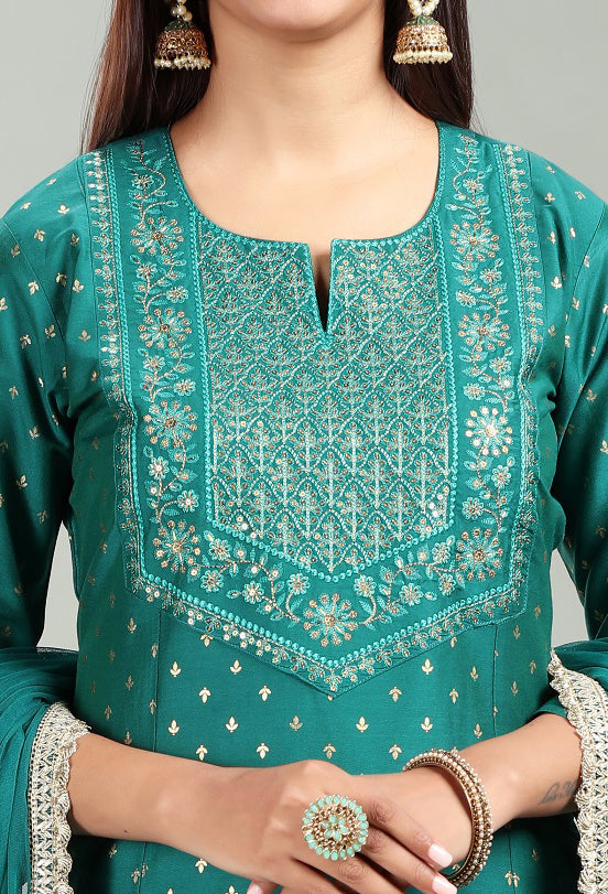 Teal PolySilk Straight Embroidered Kurta Pant Suit Set