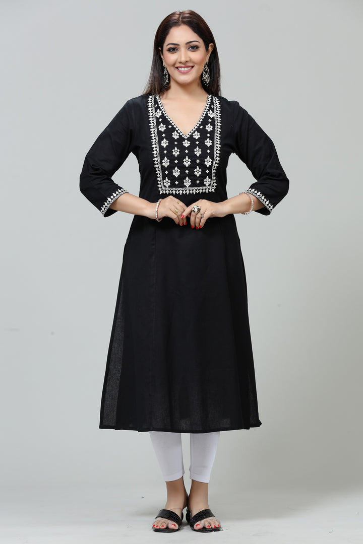 Black Cotton A Line Embroidered Kurta