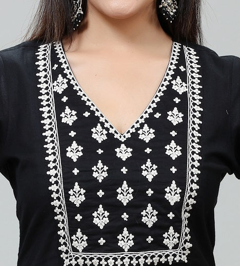 Black Cotton A Line Embroidered Kurta