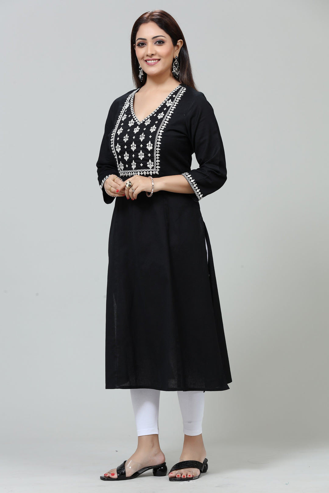 Black Cotton A Line Embroidered Kurta