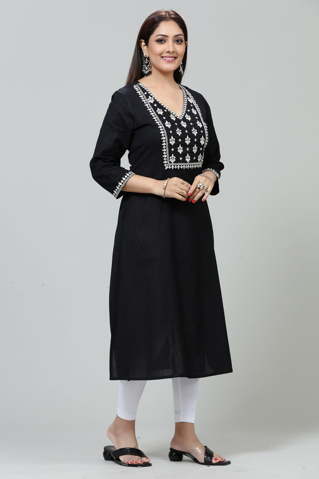 Black Cotton A Line Embroidered Kurta