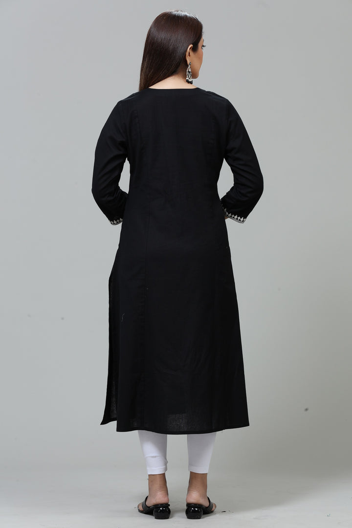 Black Cotton A Line Embroidered Kurta