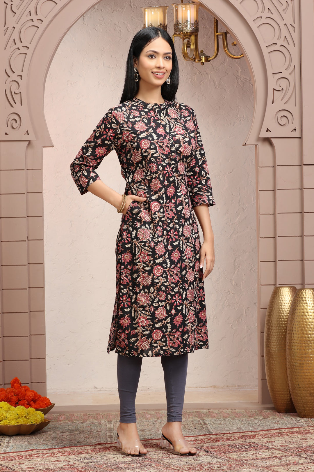 Black & Pink Cotton Straight Printed Kurta