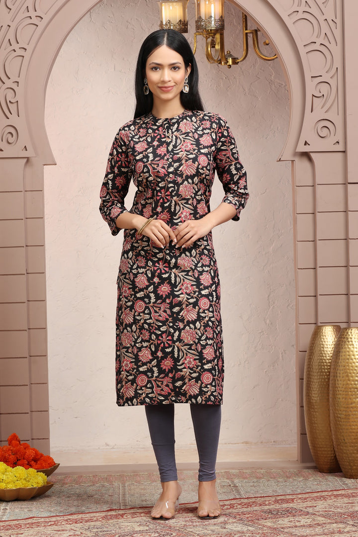 Black & Pink Cotton Straight Printed Kurta