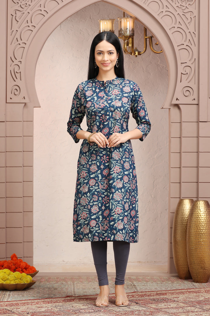 Blue & Pink Cotton Straight Printed Kurta