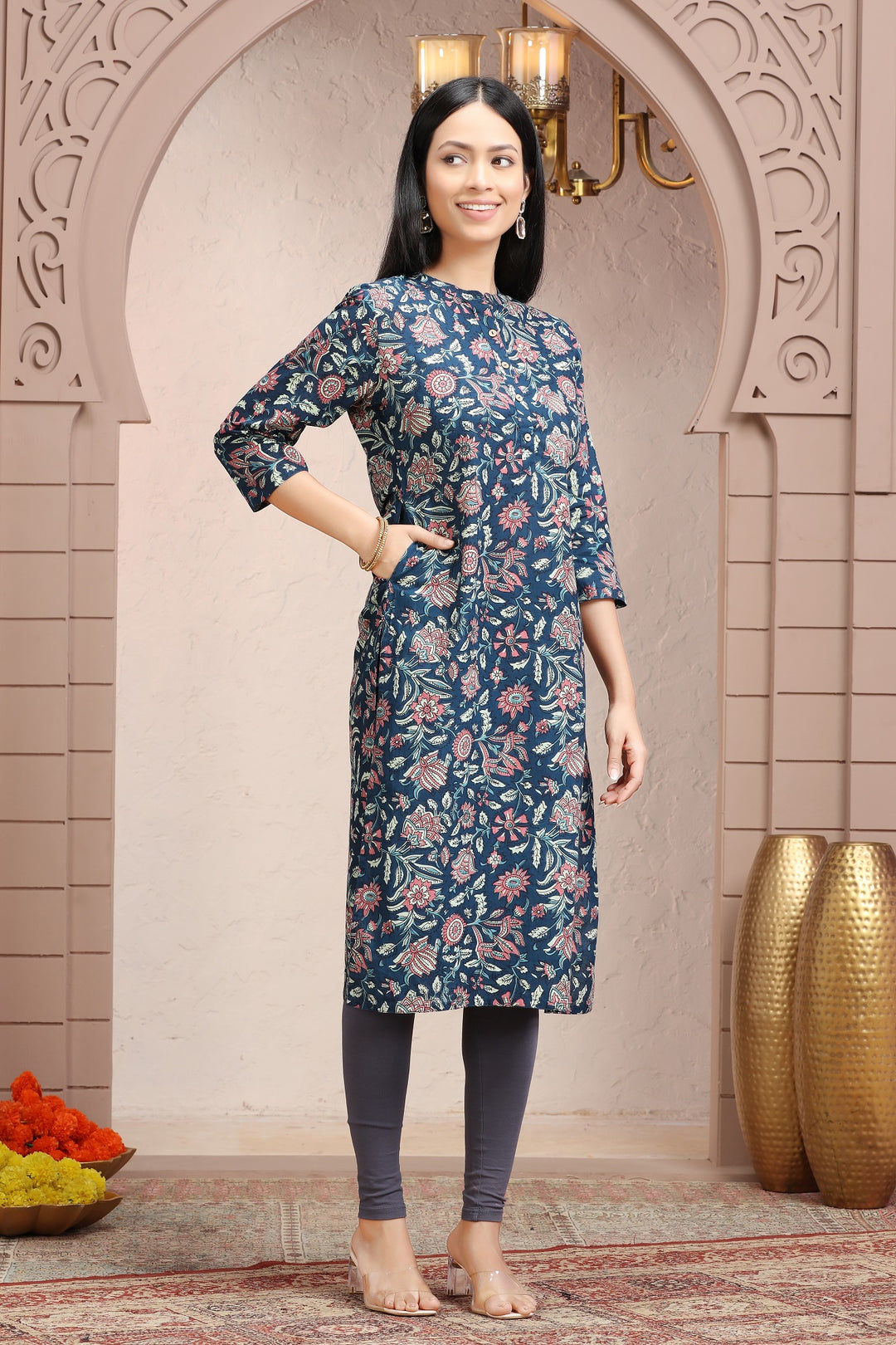 Blue & Pink Cotton Straight Printed Kurta