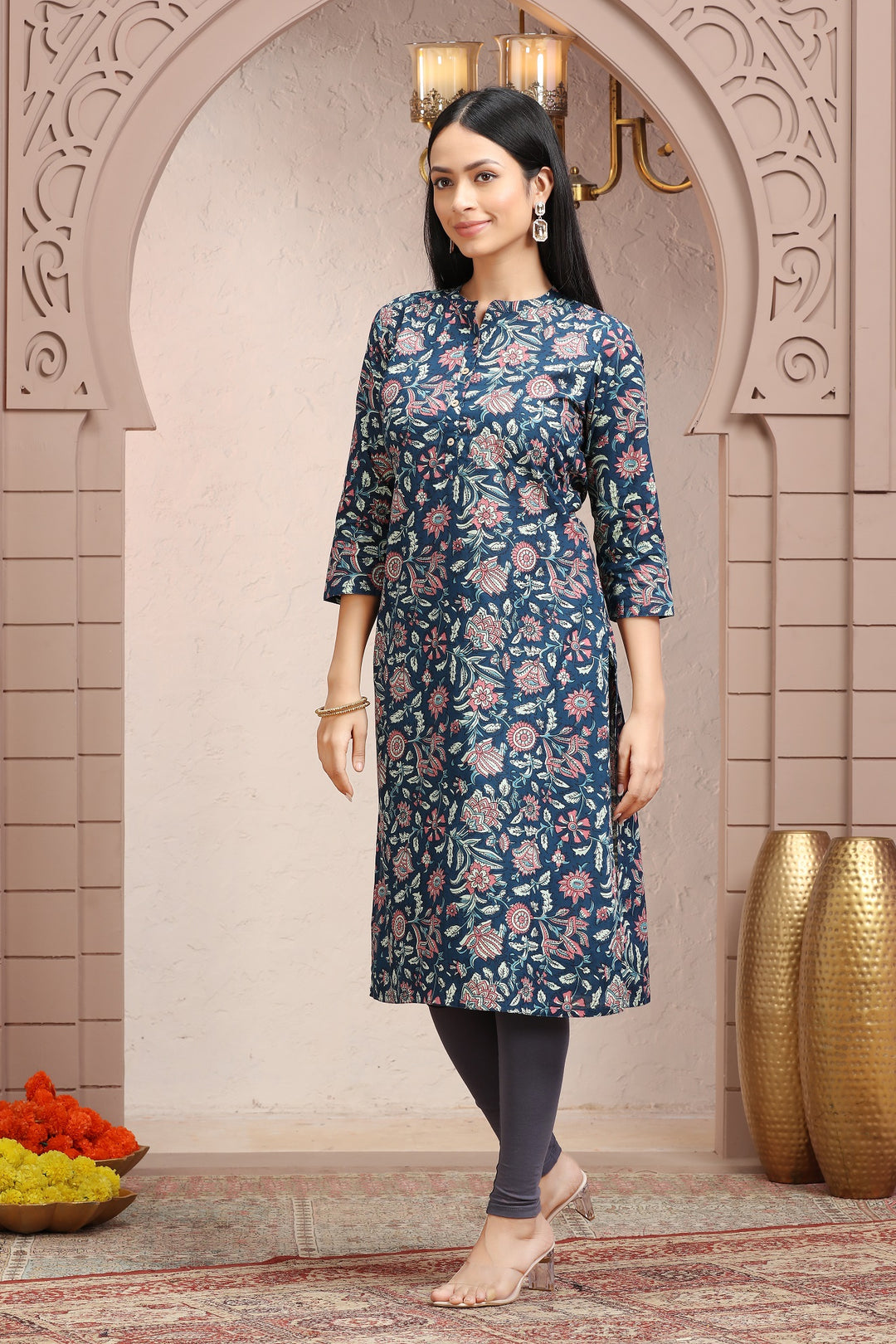 Blue & Pink Cotton Straight Printed Kurta