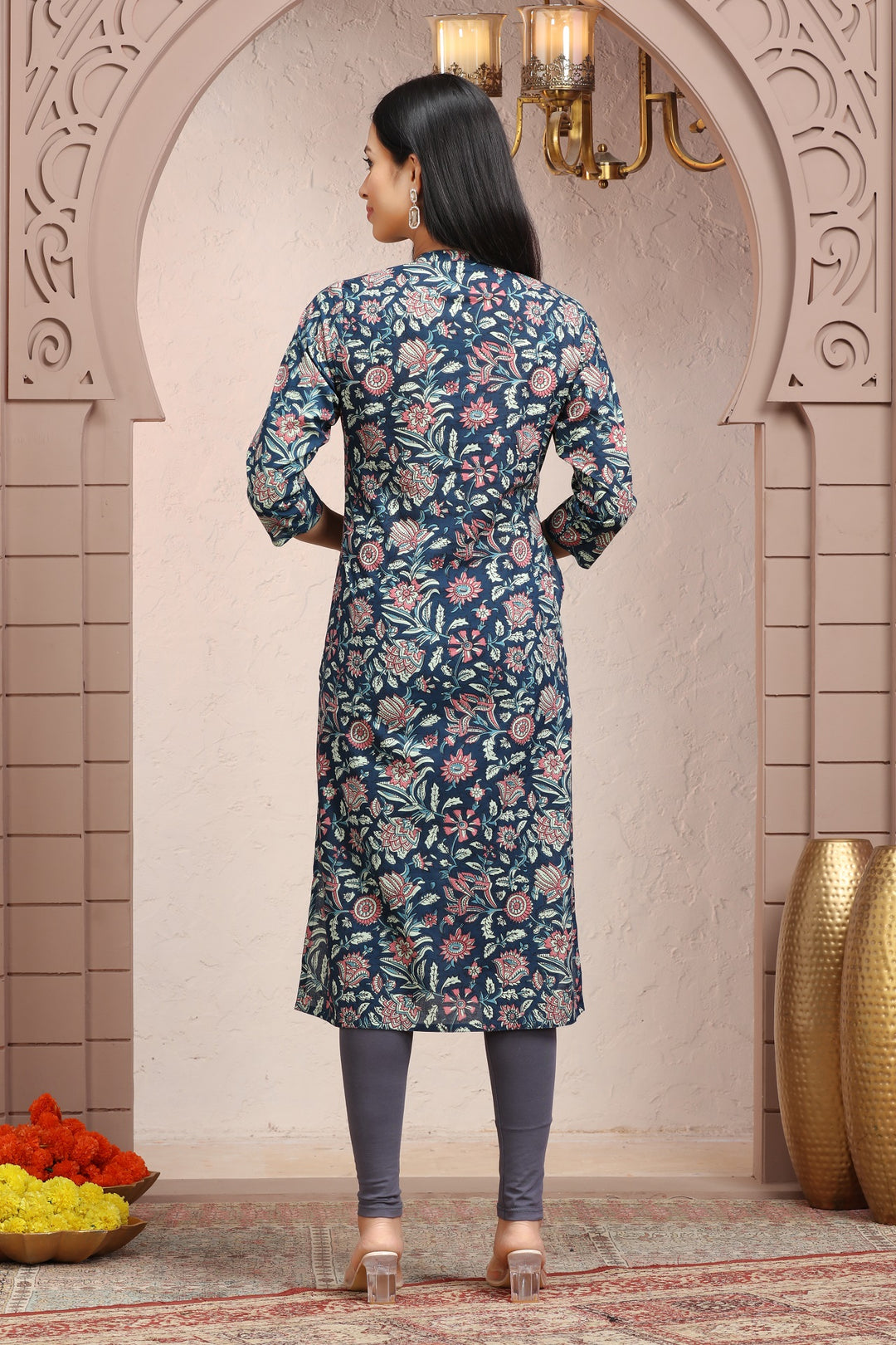 Blue & Pink Cotton Straight Printed Kurta