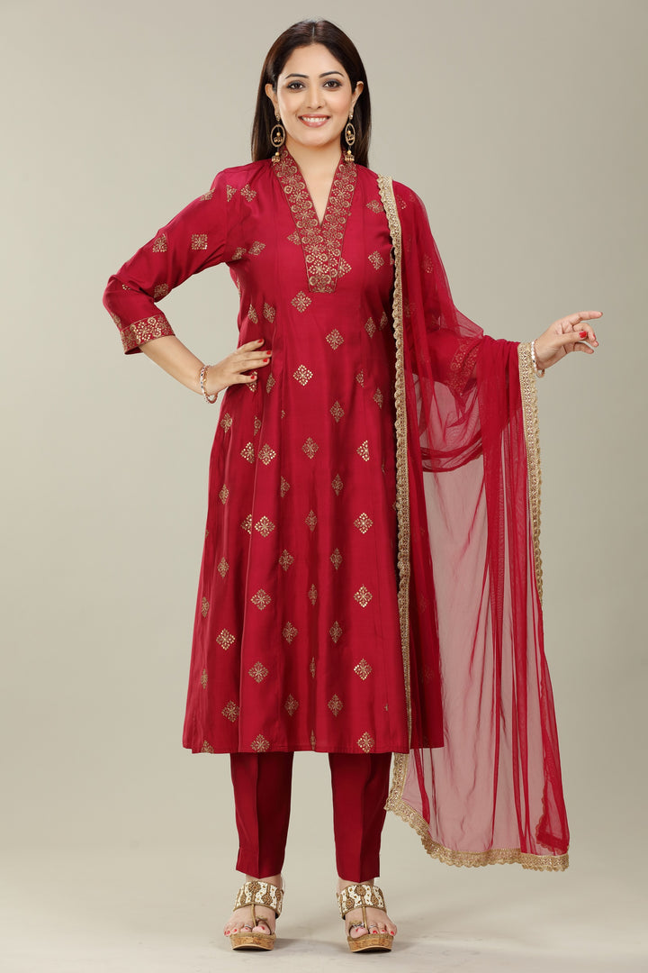 Maroon Poly Silk A Line Embroidered Kurta Pant Suit Set