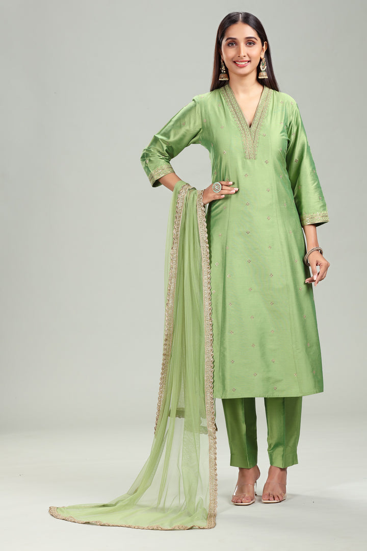 Parrot Green Chanderi A Line Embroidered Kurta Pant Suit Set