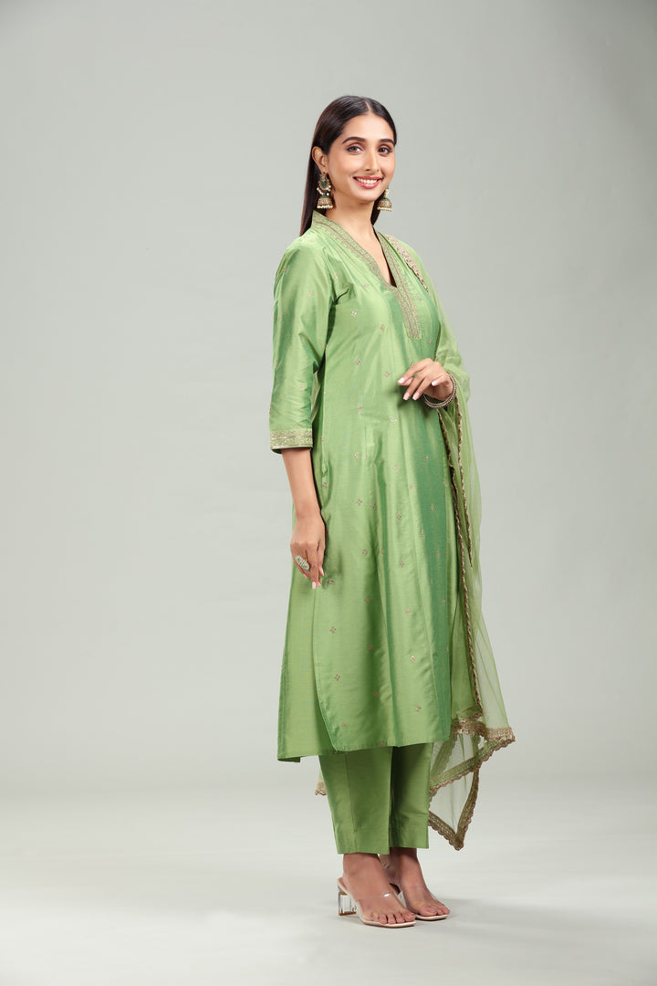 Parrot Green Chanderi A Line Embroidered Kurta Pant Suit Set