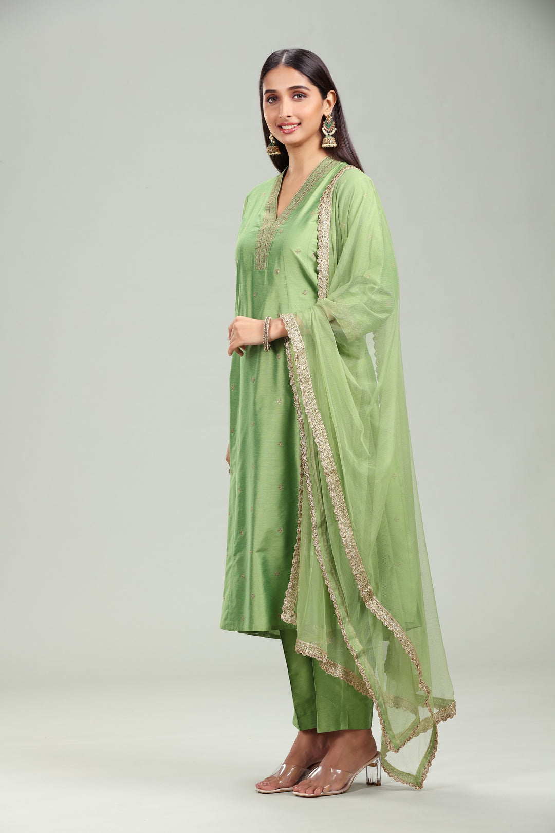 Parrot Green Chanderi A Line Embroidered Kurta Pant Suit Set