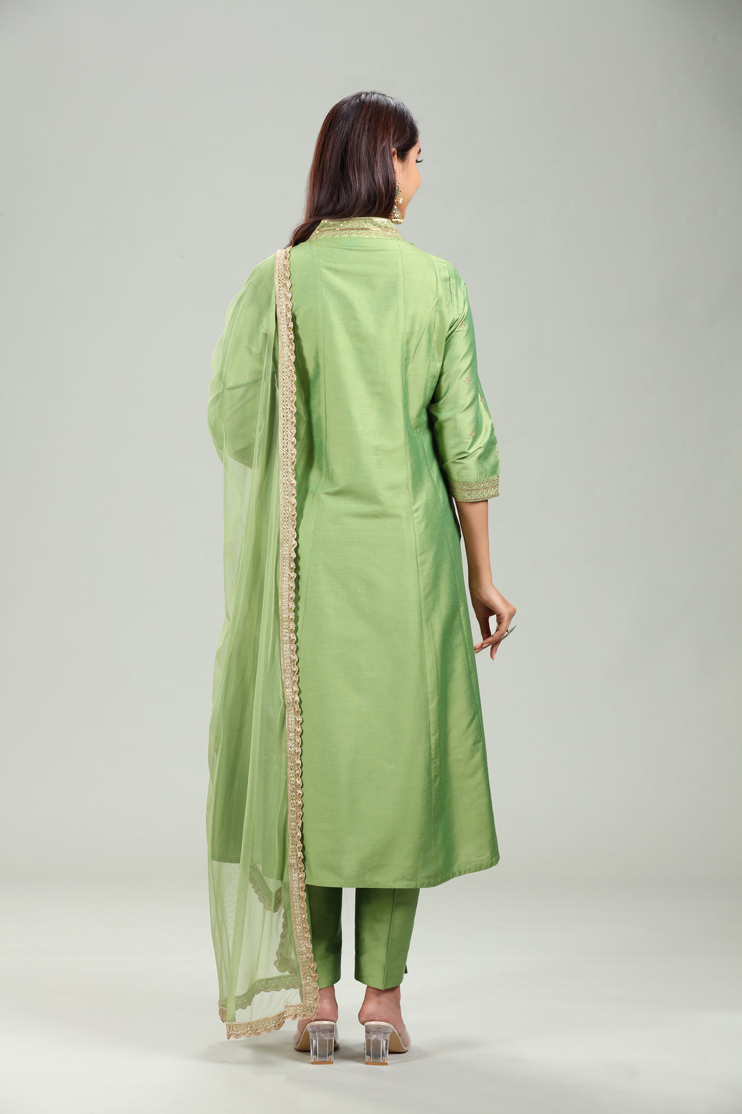 Parrot Green Chanderi A Line Embroidered Kurta Pant Suit Set