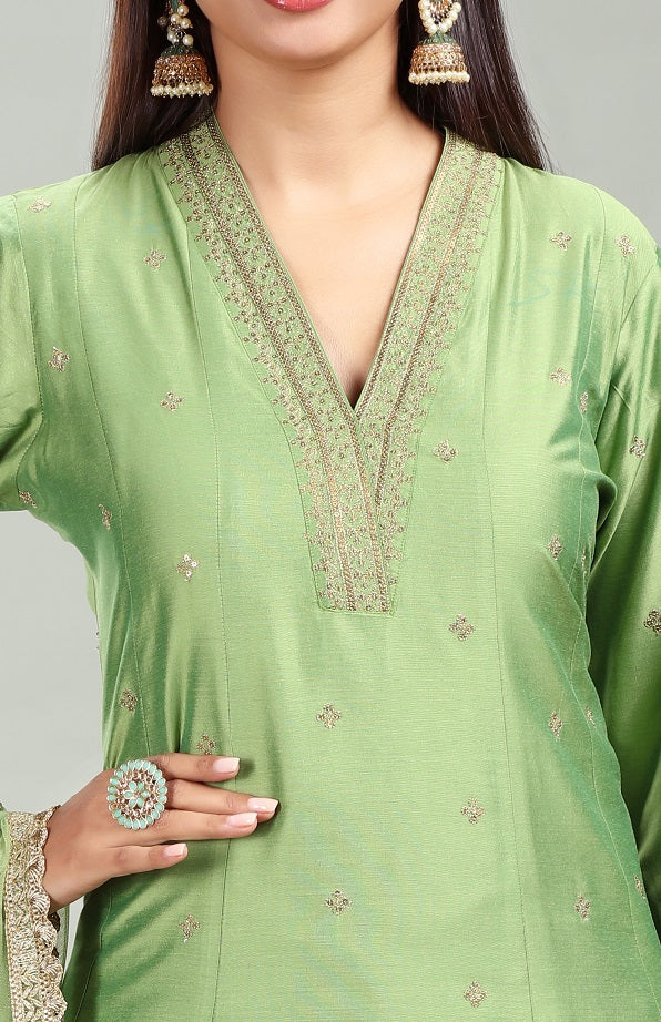 Parrot Green Chanderi A Line Embroidered Kurta Pant Suit Set