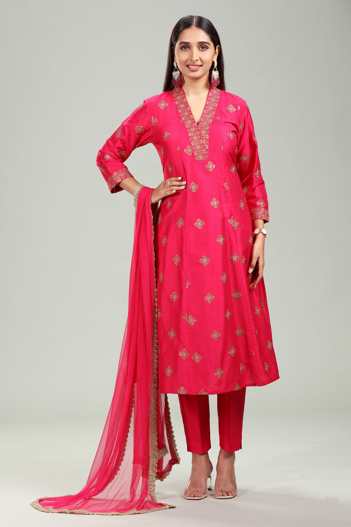 Pink Chanderi A Line Embroidered Kurta Pant Suit Set