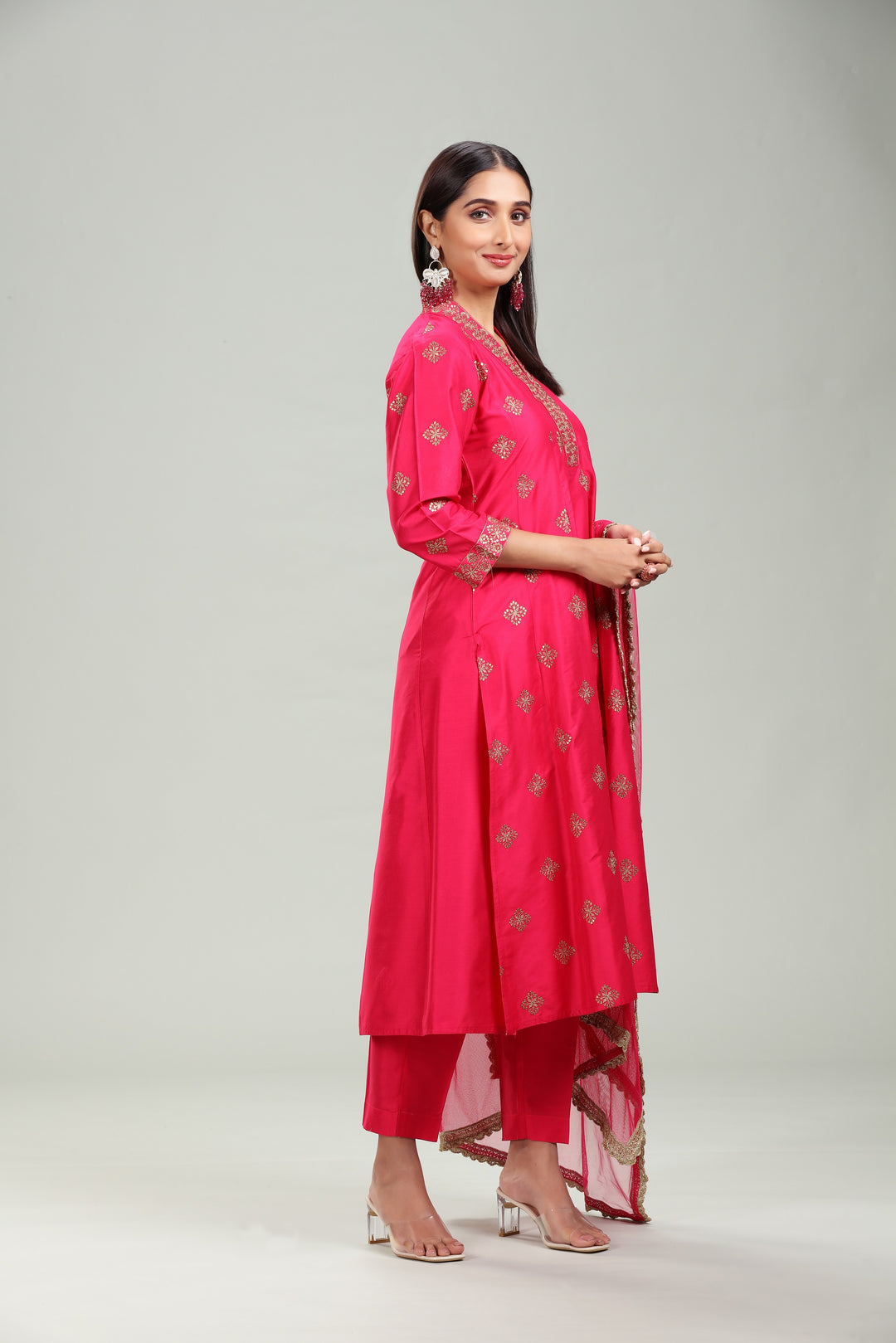 Pink Chanderi A Line Embroidered Kurta Pant Suit Set