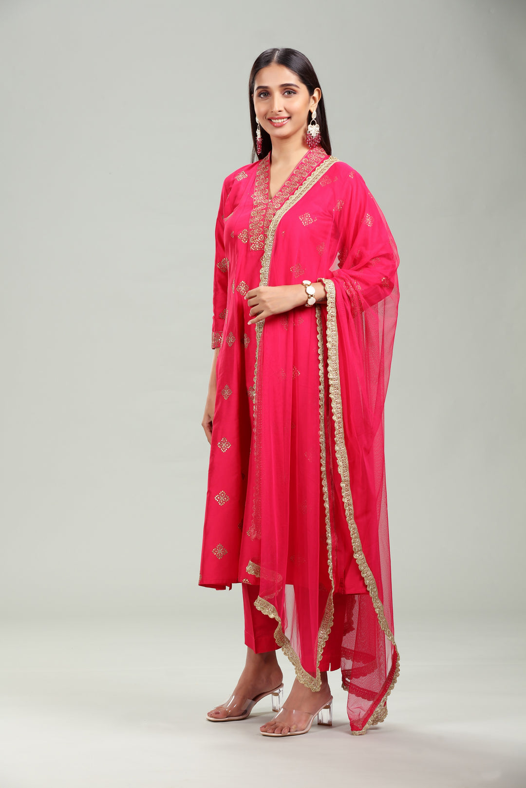 Pink Chanderi A Line Embroidered Kurta Pant Suit Set