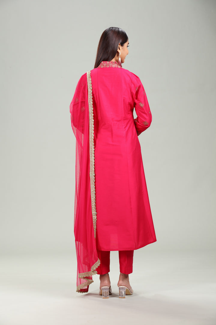 Pink Chanderi A Line Embroidered Kurta Pant Suit Set