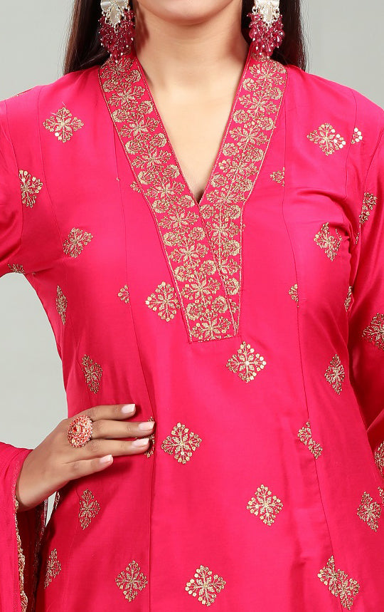 Pink Chanderi A Line Embroidered Kurta Pant Suit Set