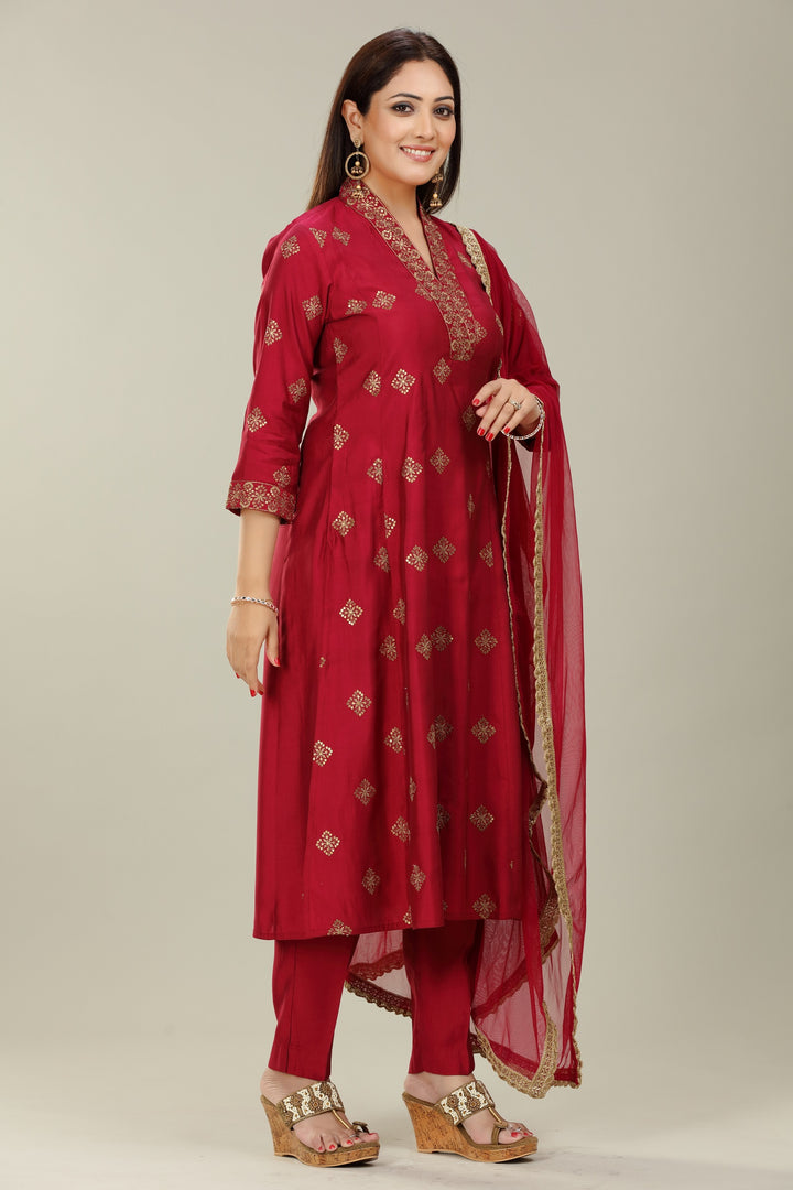 Maroon Poly Silk A Line Embroidered Kurta Pant Suit Set