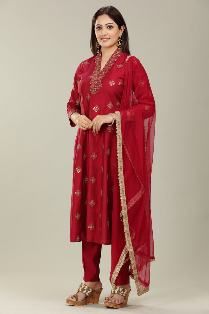 Maroon Poly Silk A Line Embroidered Kurta Pant Suit Set