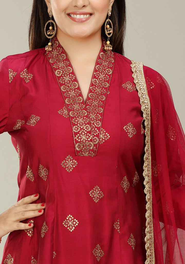 Maroon Poly Silk A Line Embroidered Kurta Pant Suit Set