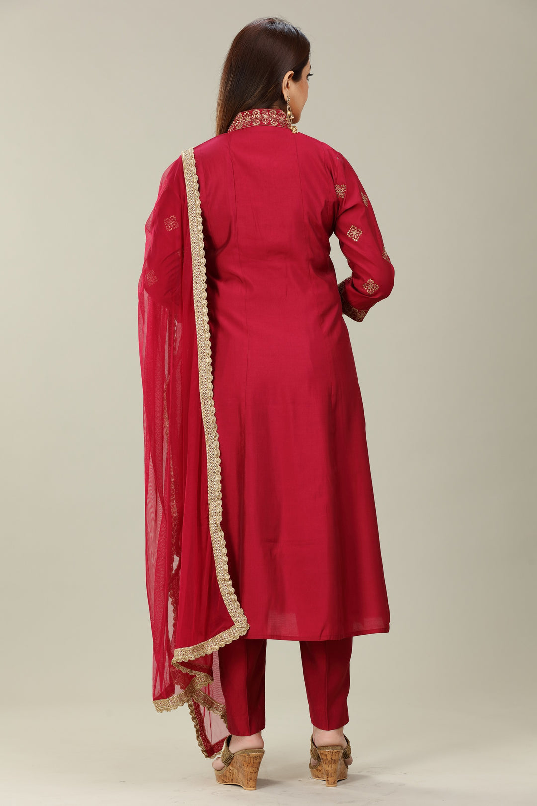 Maroon Poly Silk A Line Embroidered Kurta Pant Suit Set