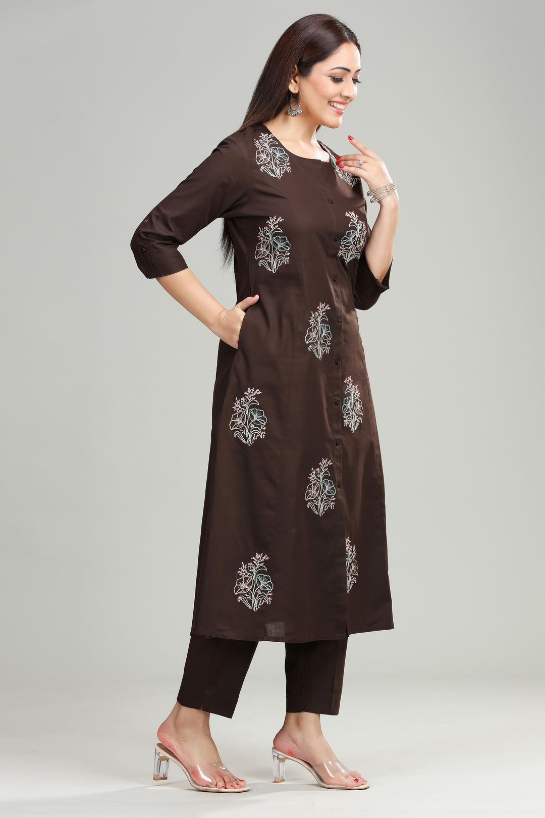 Dark Brown Slub Cotton Straight Embroidered Kurta Pant Co ord Set for women