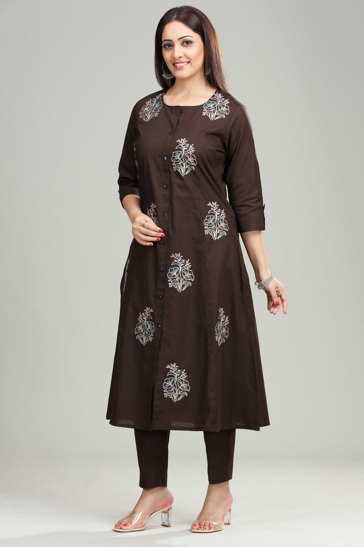 Dark Brown Slub Cotton Straight Embroidered Kurta Pant Co ord Set