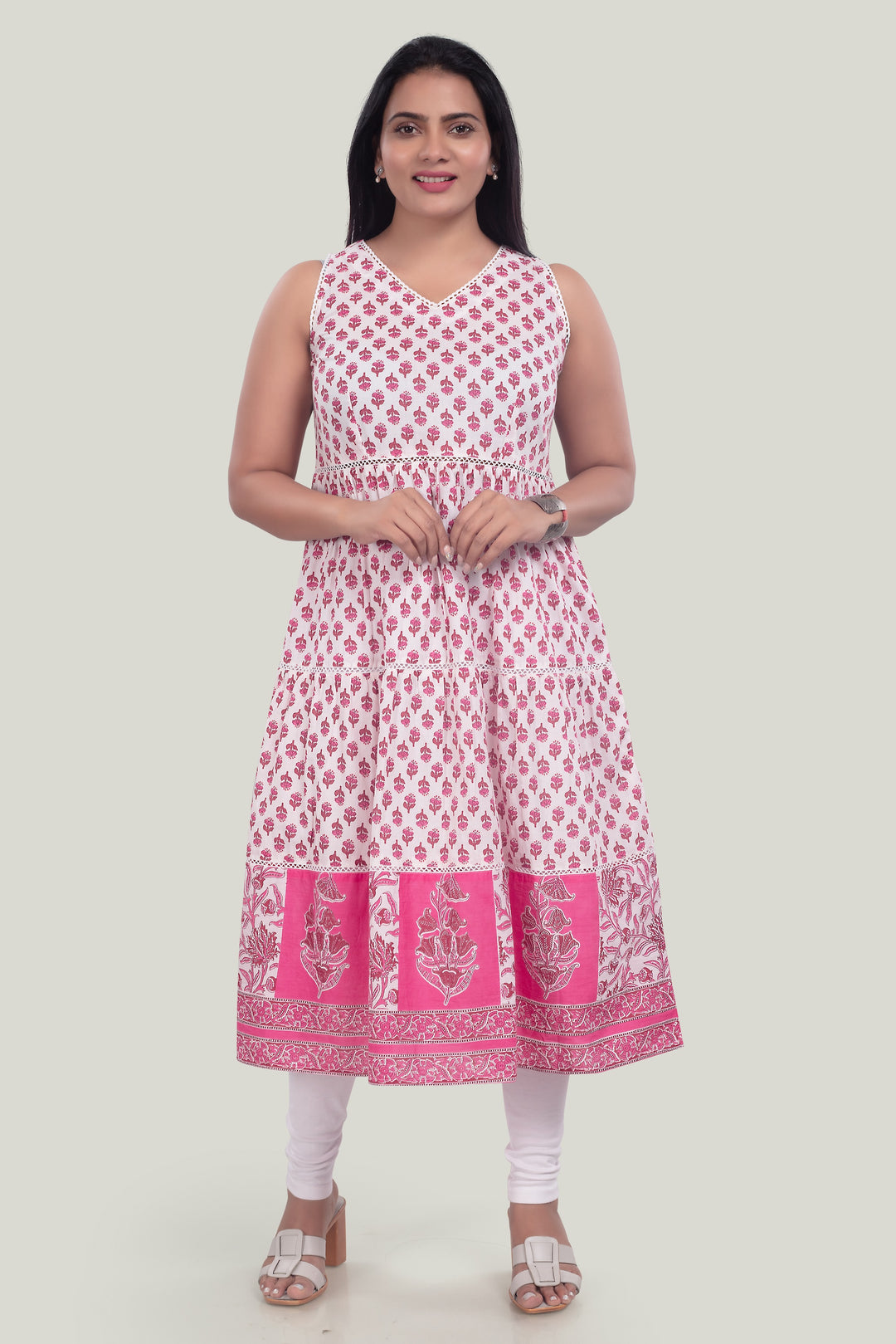 Off White & Pink Jaipuri Cotton Printed Flared Sleeveless Kurta