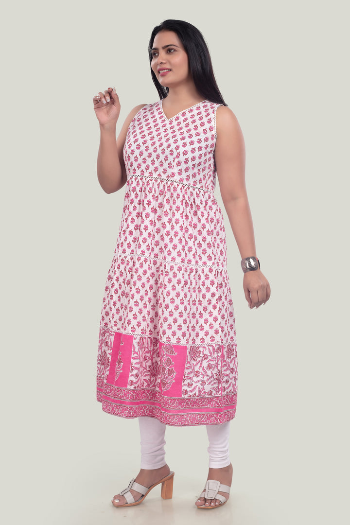 Off White & Pink Jaipuri Cotton Printed Flared Sleeveless Kurta